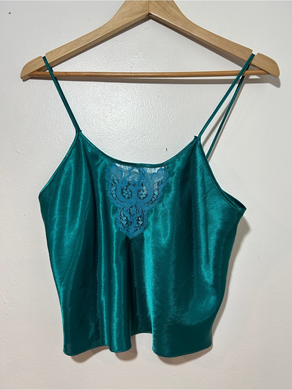 Vintage Jewel Green Satin Lace-Trim Cami Top Size S